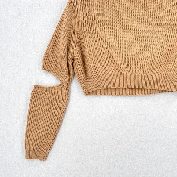 HOUSE OF CB LONDON Mila Sand Cropped Knit Sweater Womens XS Tan Cut out Crew - Picture 10 of 16
